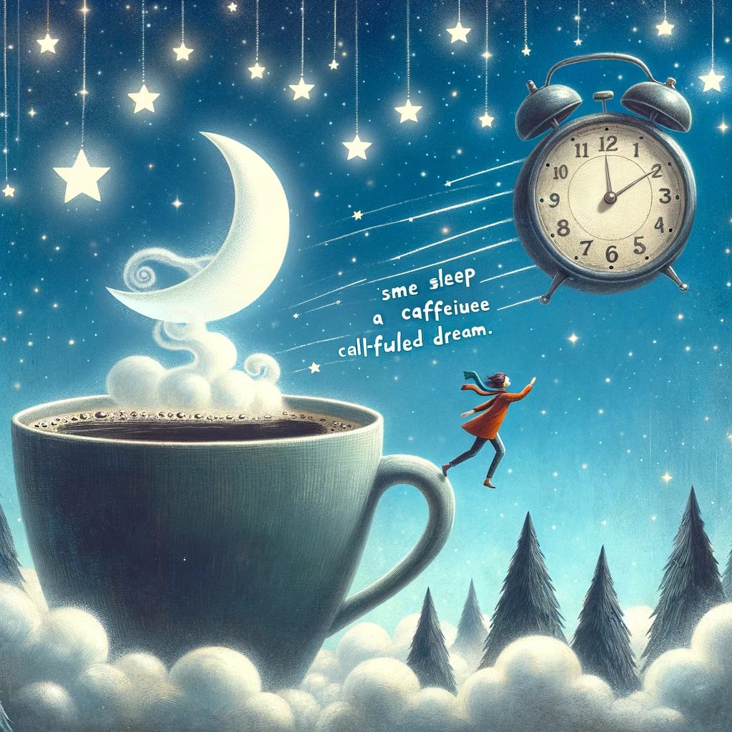A whimsical scene of a person riding a giant coffee cup through a starry night sky, chasing a floating alarm clock. The caption reads: "Chasing sleep in a caffeine-fueled dream."