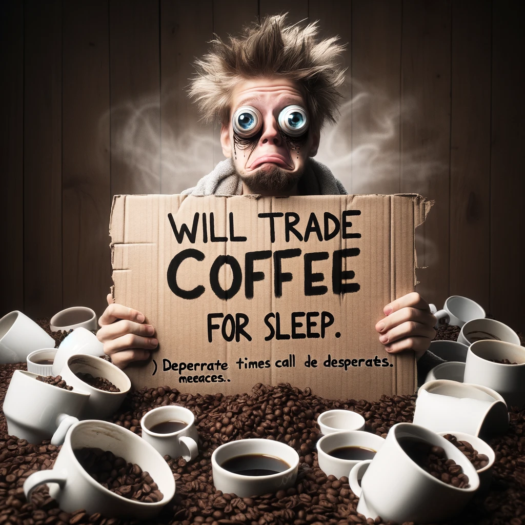 A humorous image of a person with bags under their eyes, holding a sign that says "Will trade coffee for sleep." Surrounded by empty coffee cups. The caption reads: "Desperate times call for desperate measures."