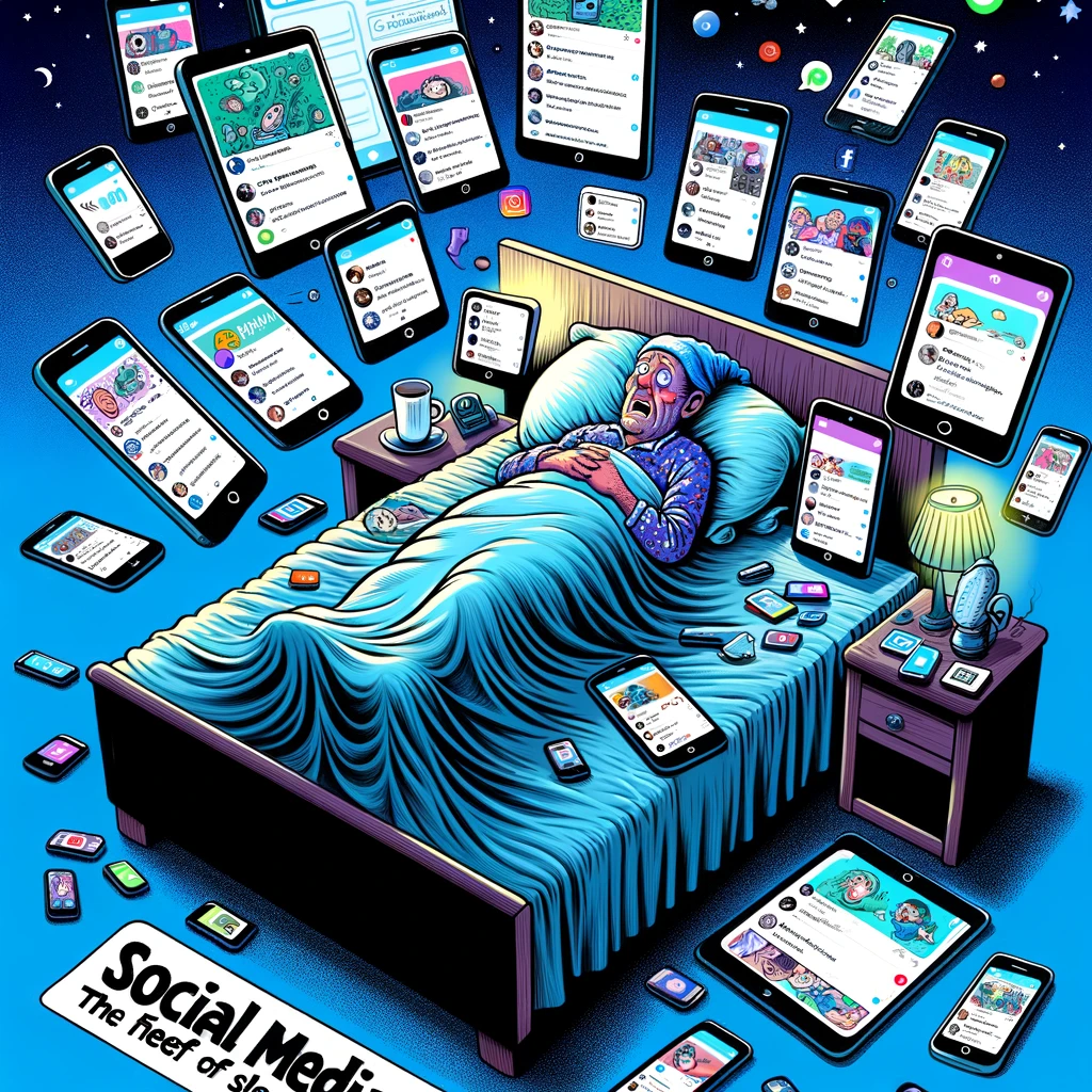 A cartoon of a person lying in bed, surrounded by floating digital devices all displaying different social media apps. The caption reads: "Social media: The thief of sleep."