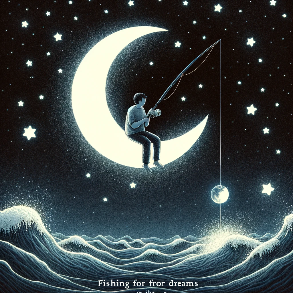 An image of a person sitting on a crescent moon, fishing in a sea of stars, trying to catch a dream. The caption reads: "Fishing for dreams in the sea of insomnia."