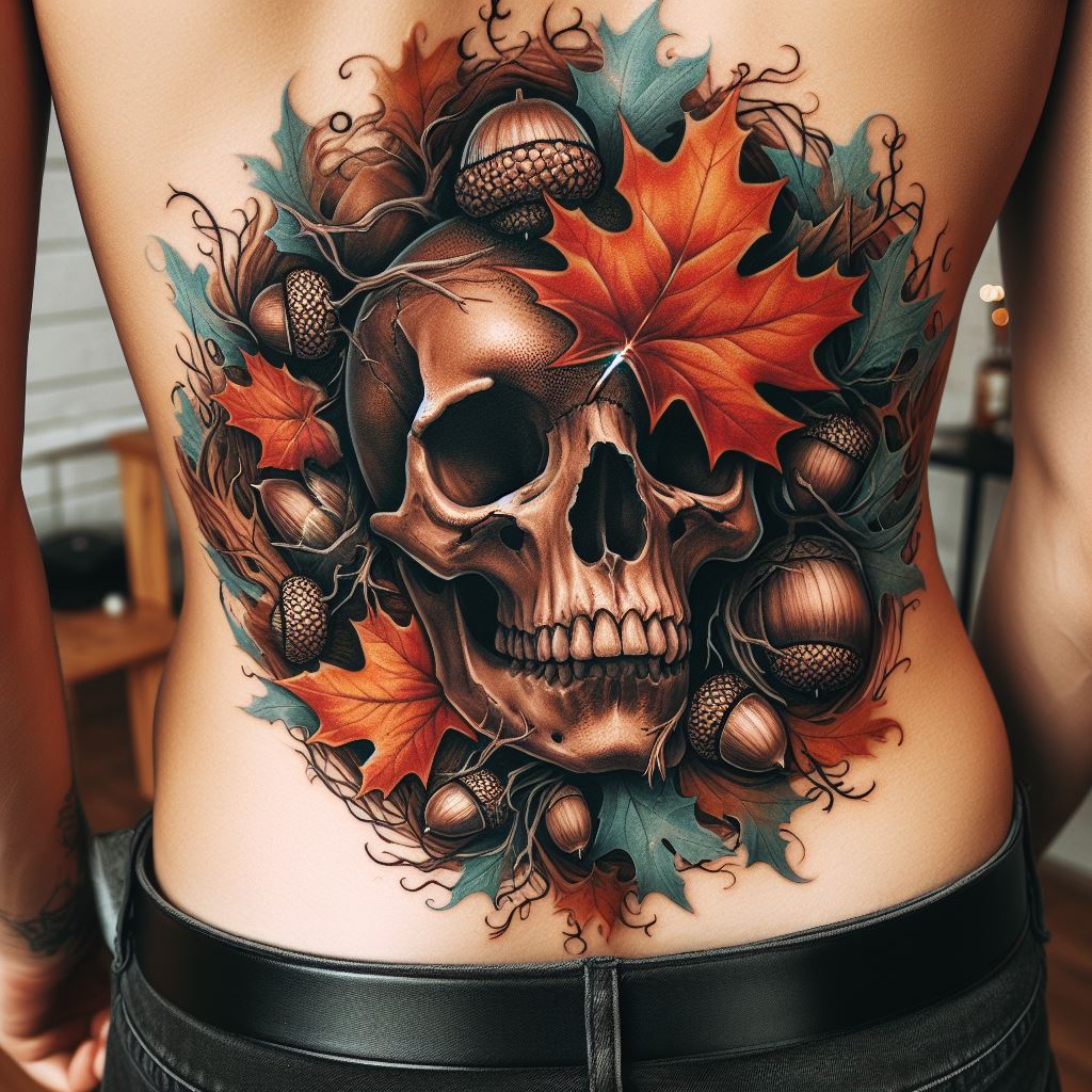 An artistic tattoo of a skull surrounded by autumn leaves and acorns, placed on the lower back, symbolizing change, decay, and the natural cycle of life and death in the rhythm of the seasons.