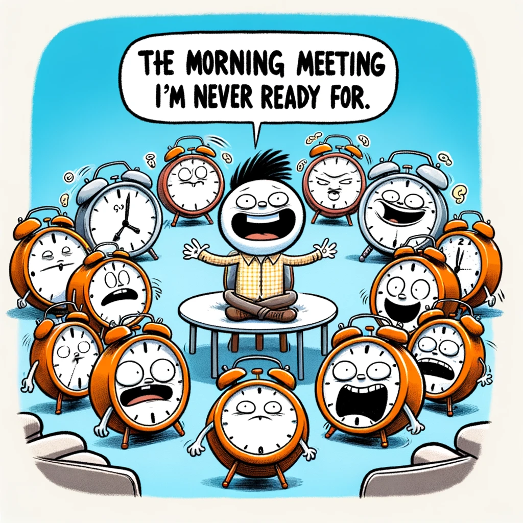 A funny cartoon of a person surrounded by a group of alarm clocks, each with a different facial expression. The caption reads: "The morning meeting I'm never ready for."