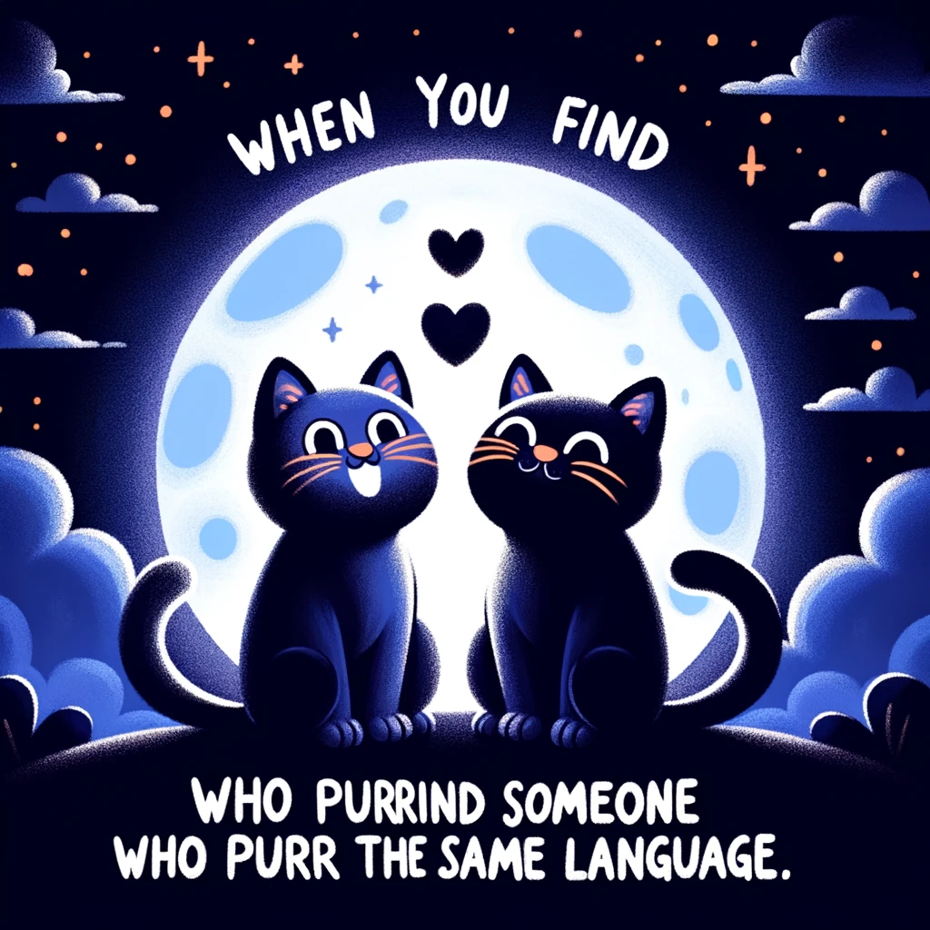 A cartoon image of two cats sitting together under a moonlit sky, with a heart shape forming around them. The caption reads, "When you find someone who purrs in the same language."