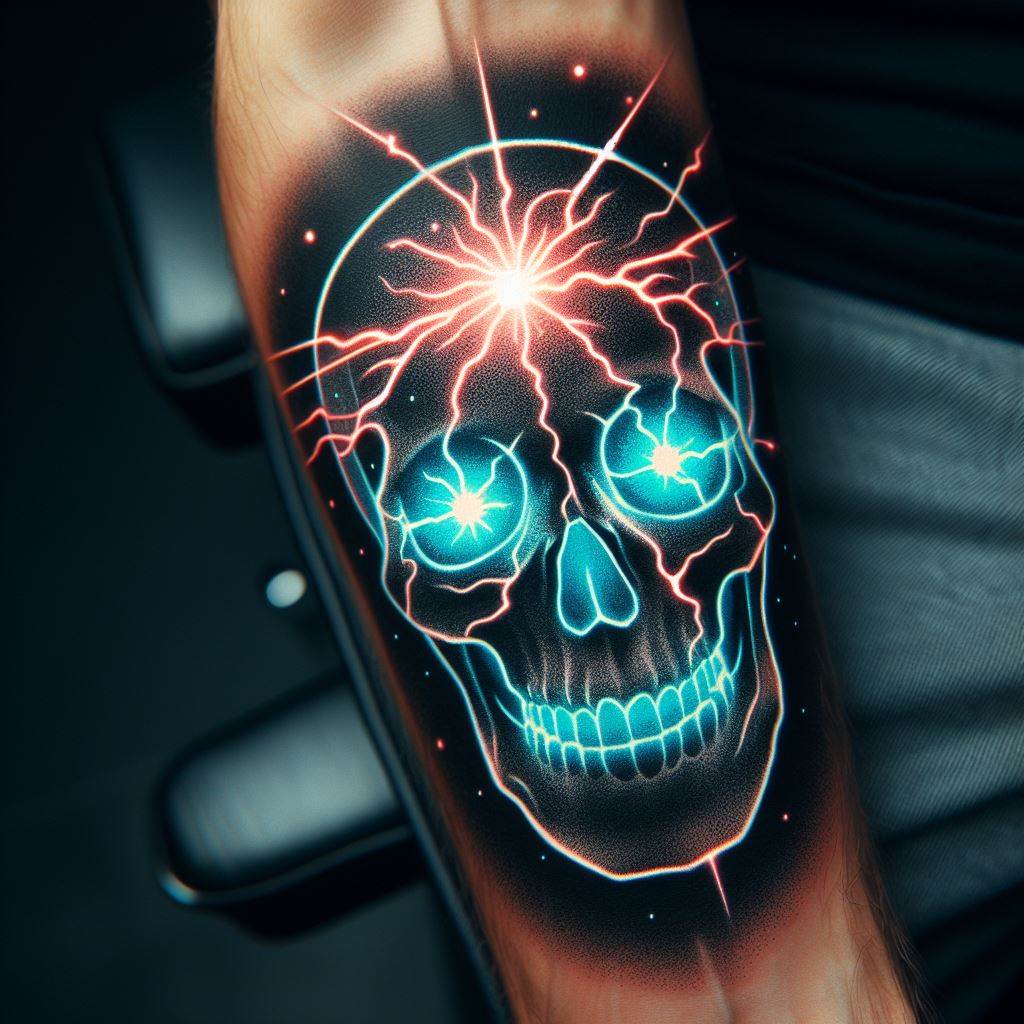 A tattoo of a luminous skull with glowing eyes and neon outlines, positioned on the forearm, combining elements of light and darkness to create a striking contrast and symbolize the duality of life and death.