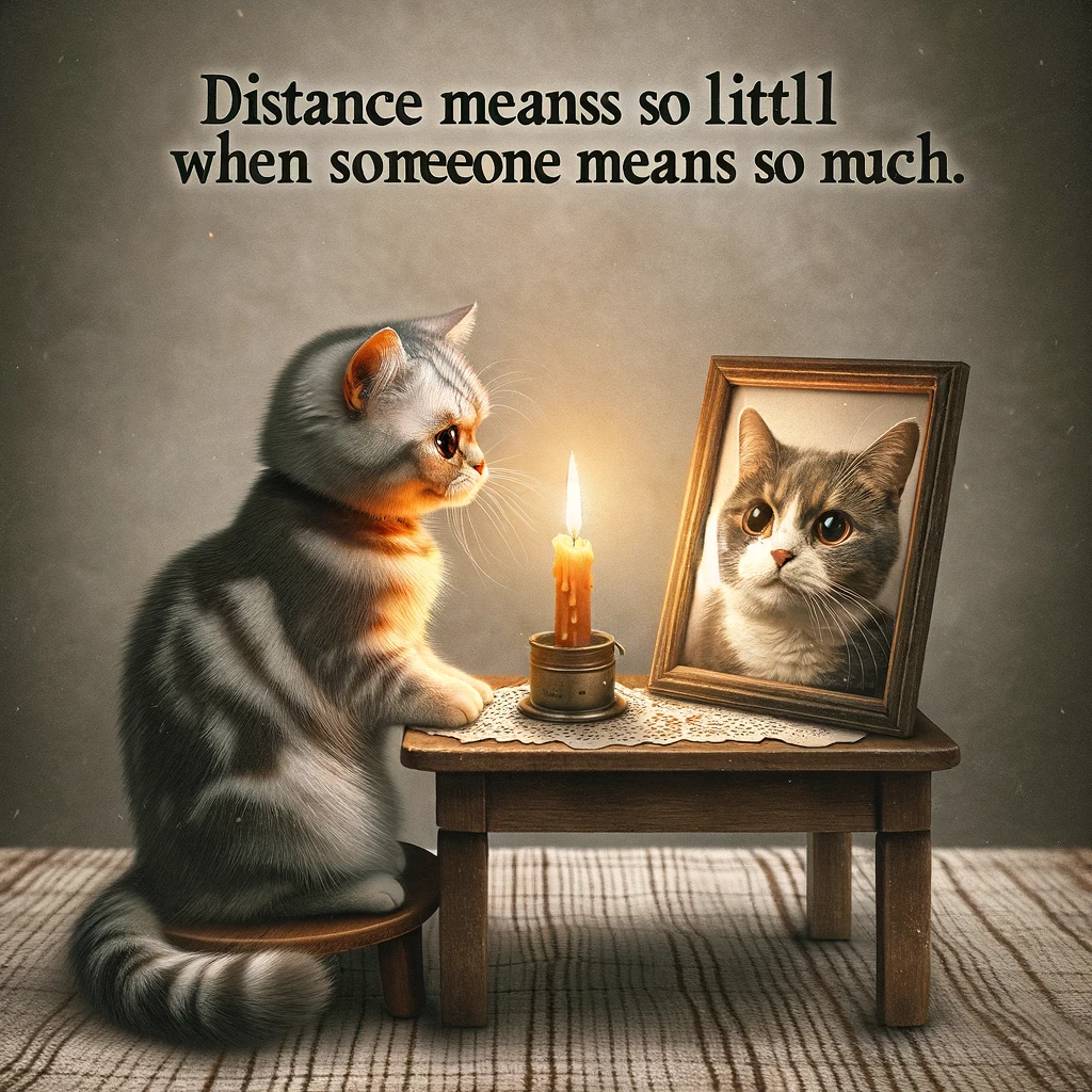 An image of a cat sitting at a small table with a candle, staring lovingly at a photo of another cat. The caption reads, "Distance means so little when someone means so much."