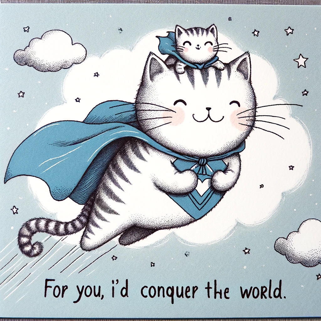 A whimsical drawing of a cat wearing a superhero cape, flying through the sky with a smaller kitten on its back. The caption reads, "For you, I'd conquer the world."