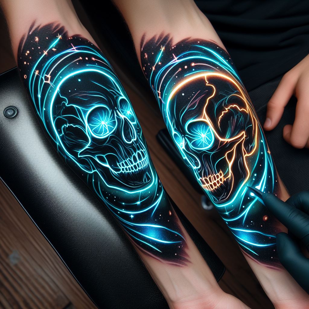 A tattoo of a luminous skull with glowing eyes and neon outlines, positioned on the forearm, combining elements of light and darkness to create a striking contrast and symbolize the duality of life and death.
