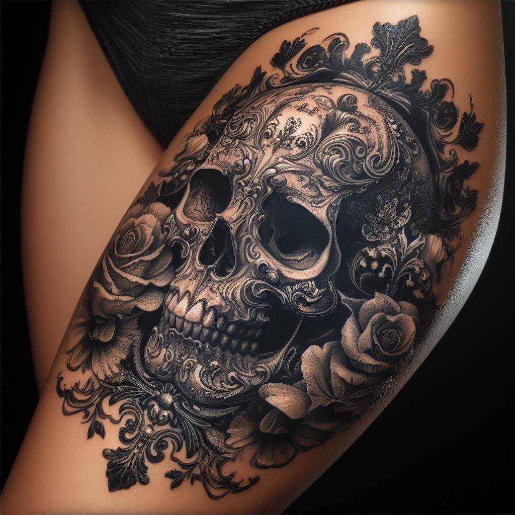 An ornate tattoo of a skull with baroque and filigree decorations, intricately detailed, located on the thigh, showcasing elegance and decay intertwined, reflecting the beauty found in the inevitable.