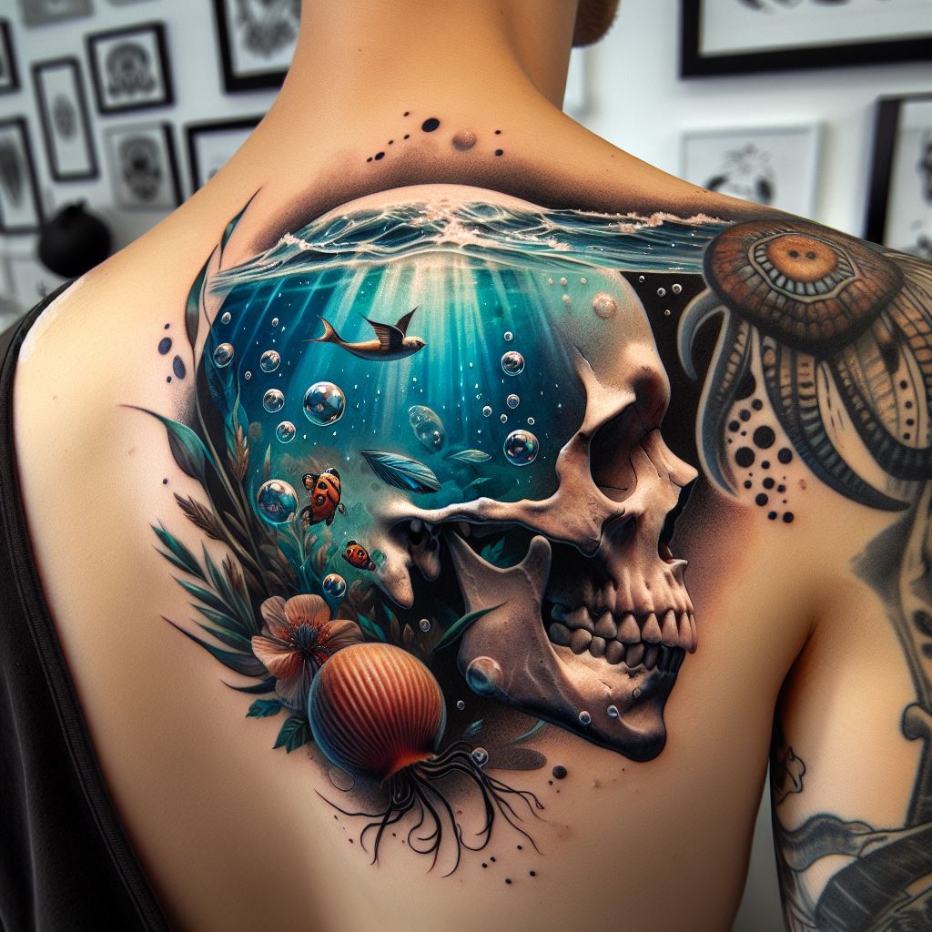 A tattoo featuring a skull submerged in water, with bubbles and aquatic life surrounding it, positioned on the shoulder blade, representing the serene yet mysterious depths of the ocean and life's transient nature.