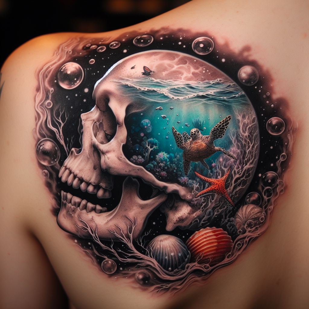 A tattoo featuring a skull submerged in water, with bubbles and aquatic life surrounding it, positioned on the shoulder blade, representing the serene yet mysterious depths of the ocean and life's transient nature.