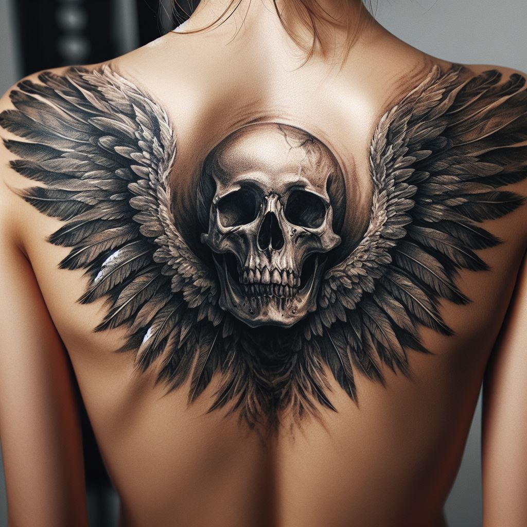 An artistic tattoo of a skull with wings spread wide, symbolizing freedom and the soul's journey after death, placed across the upper back, merging the stark image of a skull with the ethereal beauty of wings.