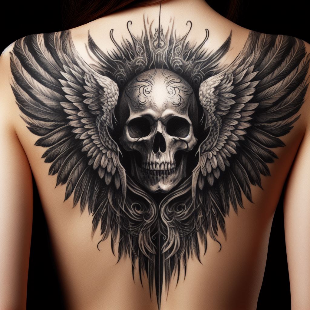 An artistic tattoo of a skull with wings spread wide, symbolizing freedom and the soul's journey after death, placed across the upper back, merging the stark image of a skull with the ethereal beauty of wings.