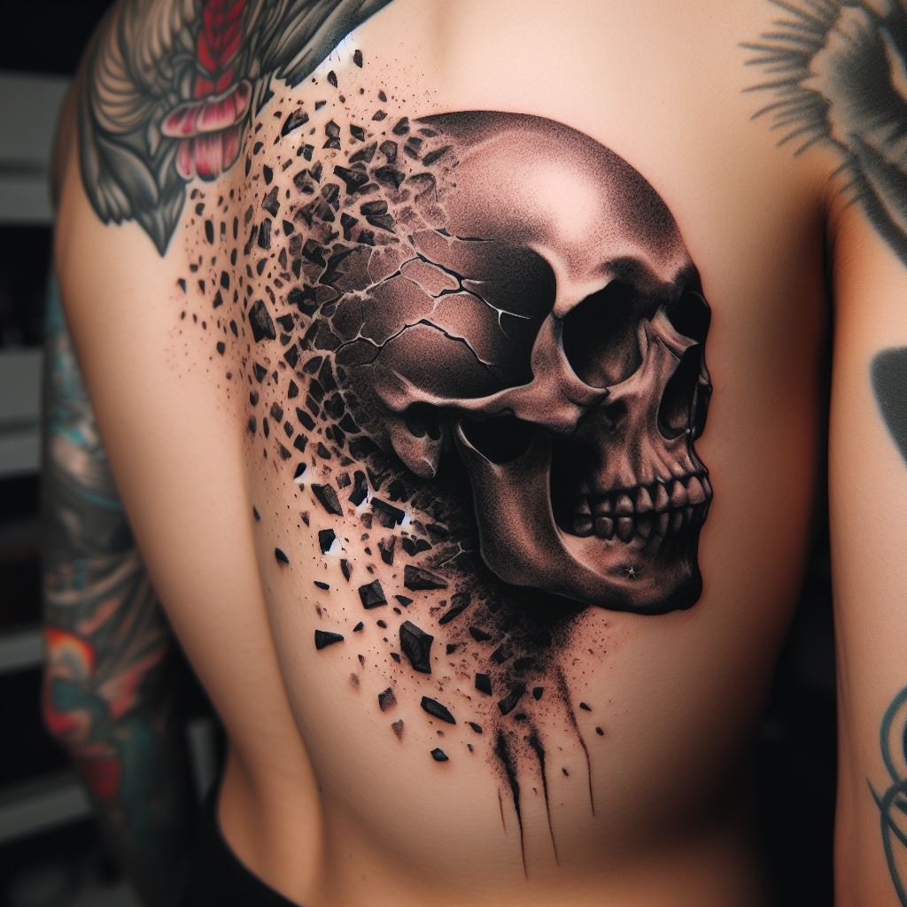 A tattoo of a skull with a shattered effect, pieces floating apart, located on the side of the torso, symbolizing fragility, impermanence, and the breaking apart of the self at life’s end.