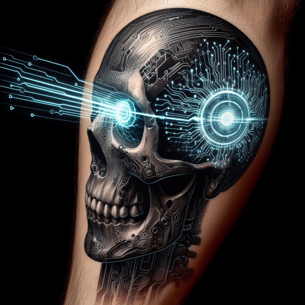 An electric tattoo of a cybernetic skull, with digital code streaming from its eye sockets, positioned on the calf, representing the fusion of human consciousness with the digital age and the concept of digital mortality.