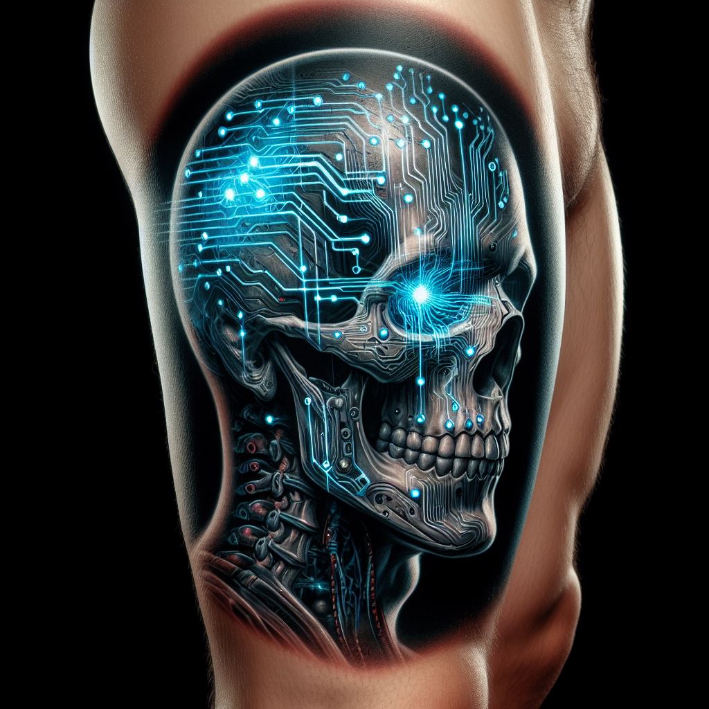 An electric tattoo of a cybernetic skull, with digital code streaming from its eye sockets, positioned on the calf, representing the fusion of human consciousness with the digital age and the concept of digital mortality.