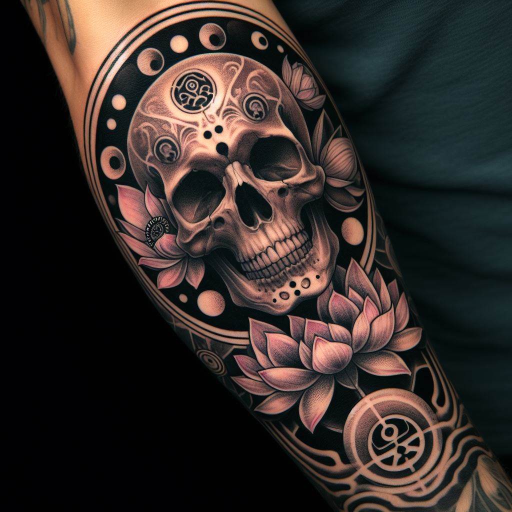 A tattoo featuring a skull with a serene, meditative expression, surrounded by lotus flowers and Zen circles, placed on the forearm, blending the symbolism of peace, enlightenment, and the acceptance of mortality.