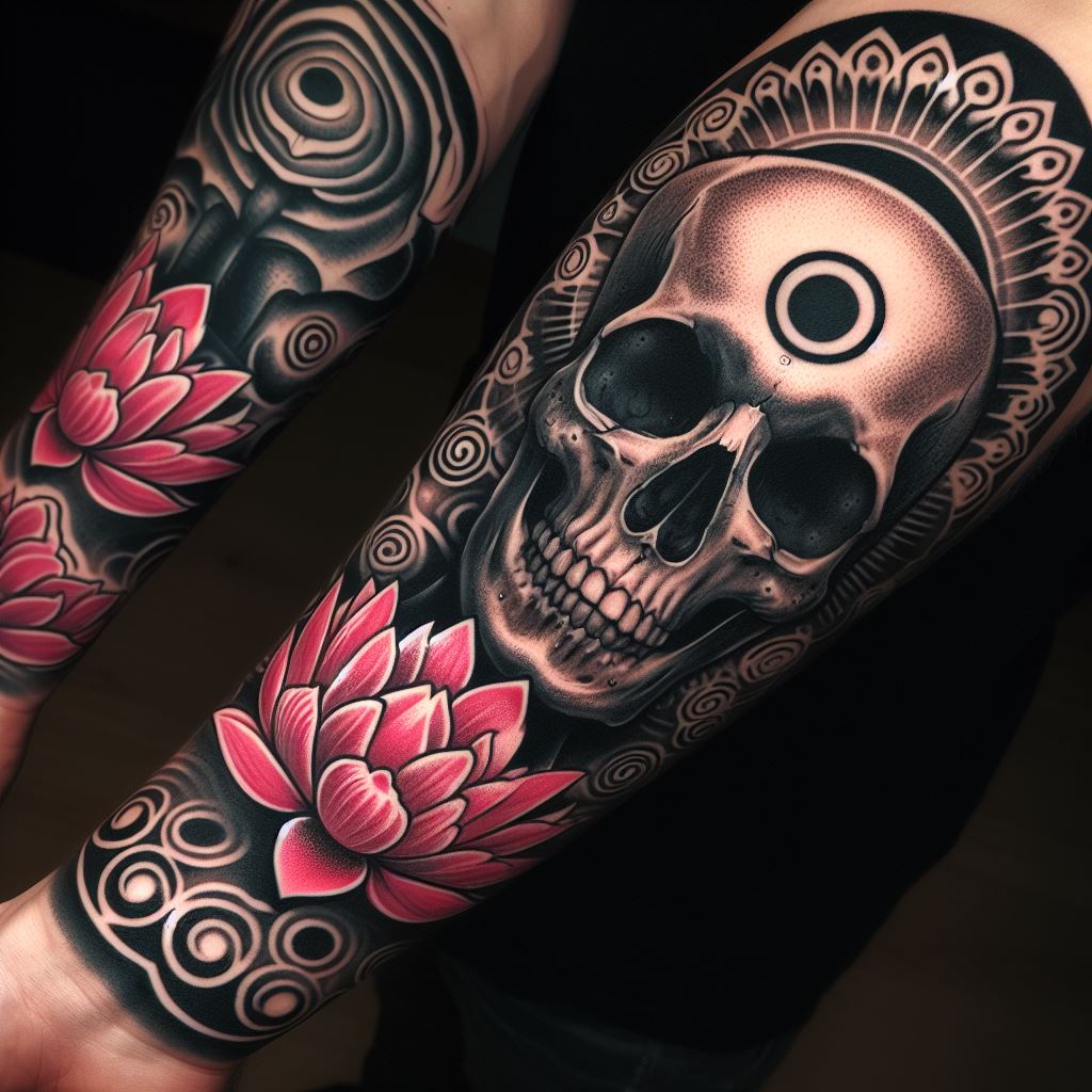 A tattoo featuring a skull with a serene, meditative expression, surrounded by lotus flowers and Zen circles, placed on the forearm, blending the symbolism of peace, enlightenment, and the acceptance of mortality.