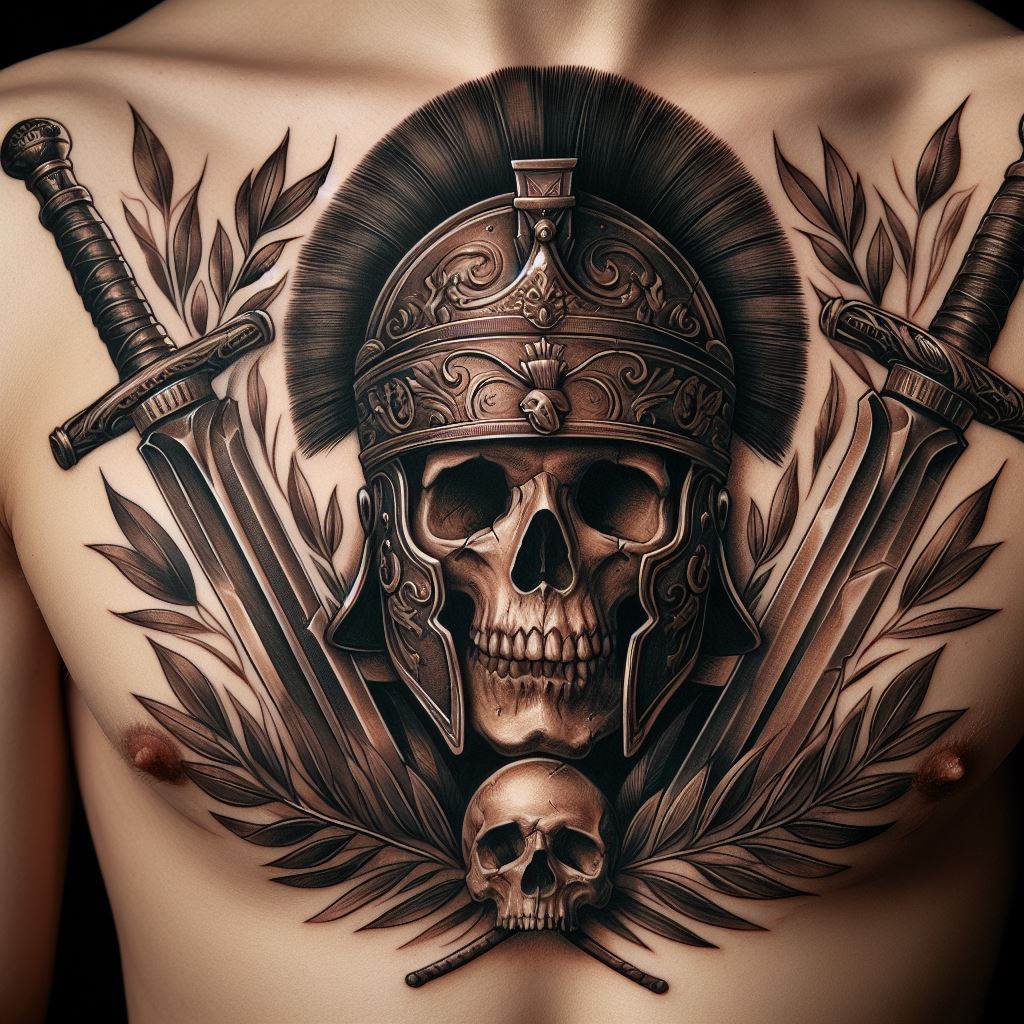 An ancient-themed tattoo of a skull wearing a Roman helmet, with laurel wreaths and ancient swords in the background, located on the chest, evoking the glory and tragedy of ancient warriors and the universality of death.
