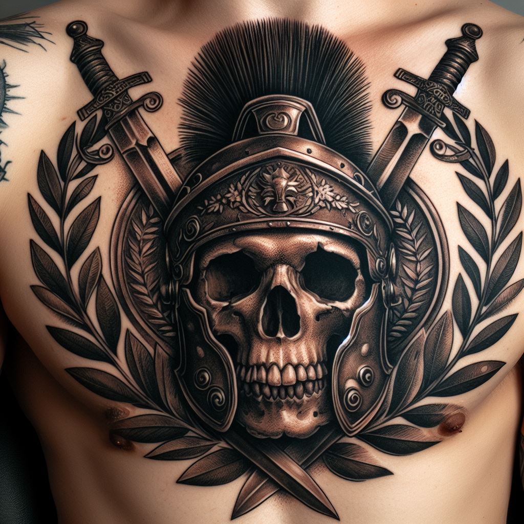 An ancient-themed tattoo of a skull wearing a Roman helmet, with laurel wreaths and ancient swords in the background, located on the chest, evoking the glory and tragedy of ancient warriors and the universality of death.