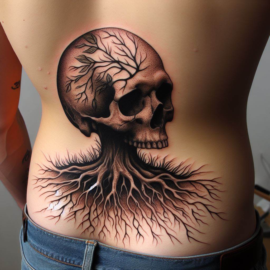 A tattoo of a skull with roots growing through it, embedding it into the ground, positioned on the lower back, symbolizing the return to nature after death and the cycle of life feeding new growth.