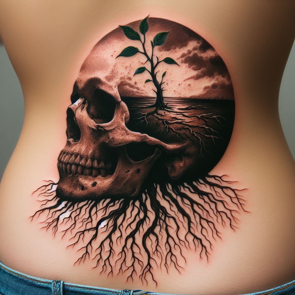 A tattoo of a skull with roots growing through it, embedding it into the ground, positioned on the lower back, symbolizing the return to nature after death and the cycle of life feeding new growth.