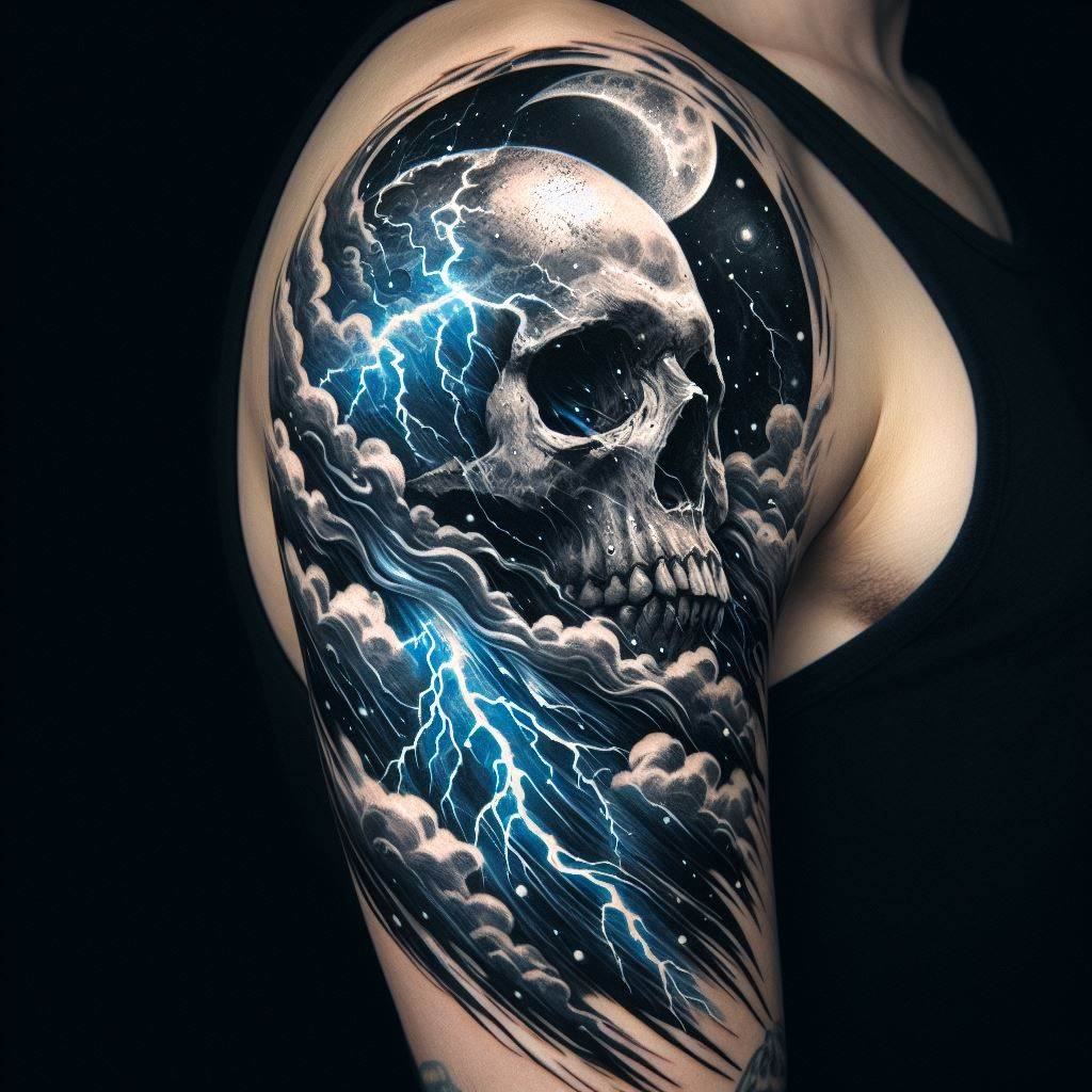An artistic tattoo of a skull surrounded by a storm, with lightning striking and rain pouring around it, located on the upper arm, capturing the tumultuous journey of life and the calm that comes with accepting mortality.