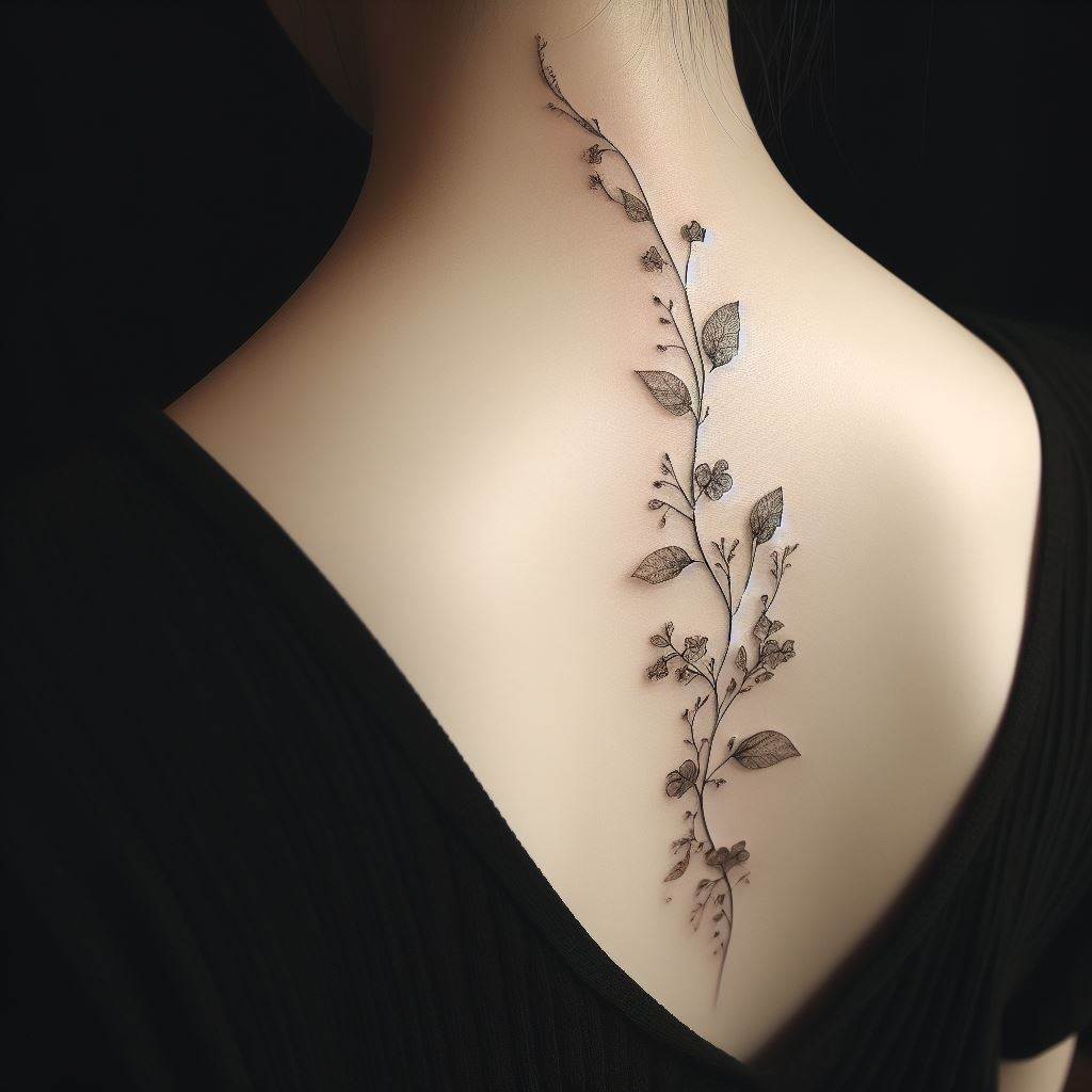 "A delicate vine tattoo with tiny leaves and flowers, perfectly aligned with the spine, extending from the lower back to the base of the neck, showcasing intricate details and shading to give a realistic appearance."