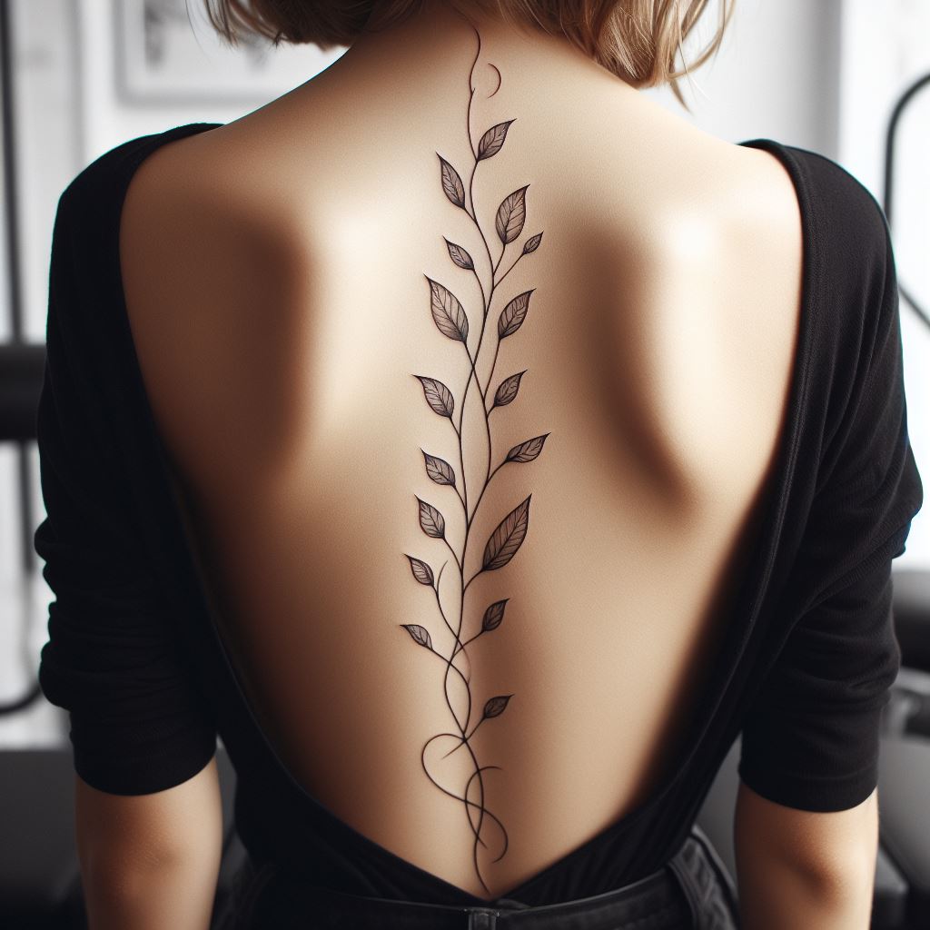 An elegant tattoo of a vine with delicate leaves, perfectly aligned with the spine, stretching from the lower back to the upper back, symbolizing growth and the connection with nature, executed in a minimalist style.