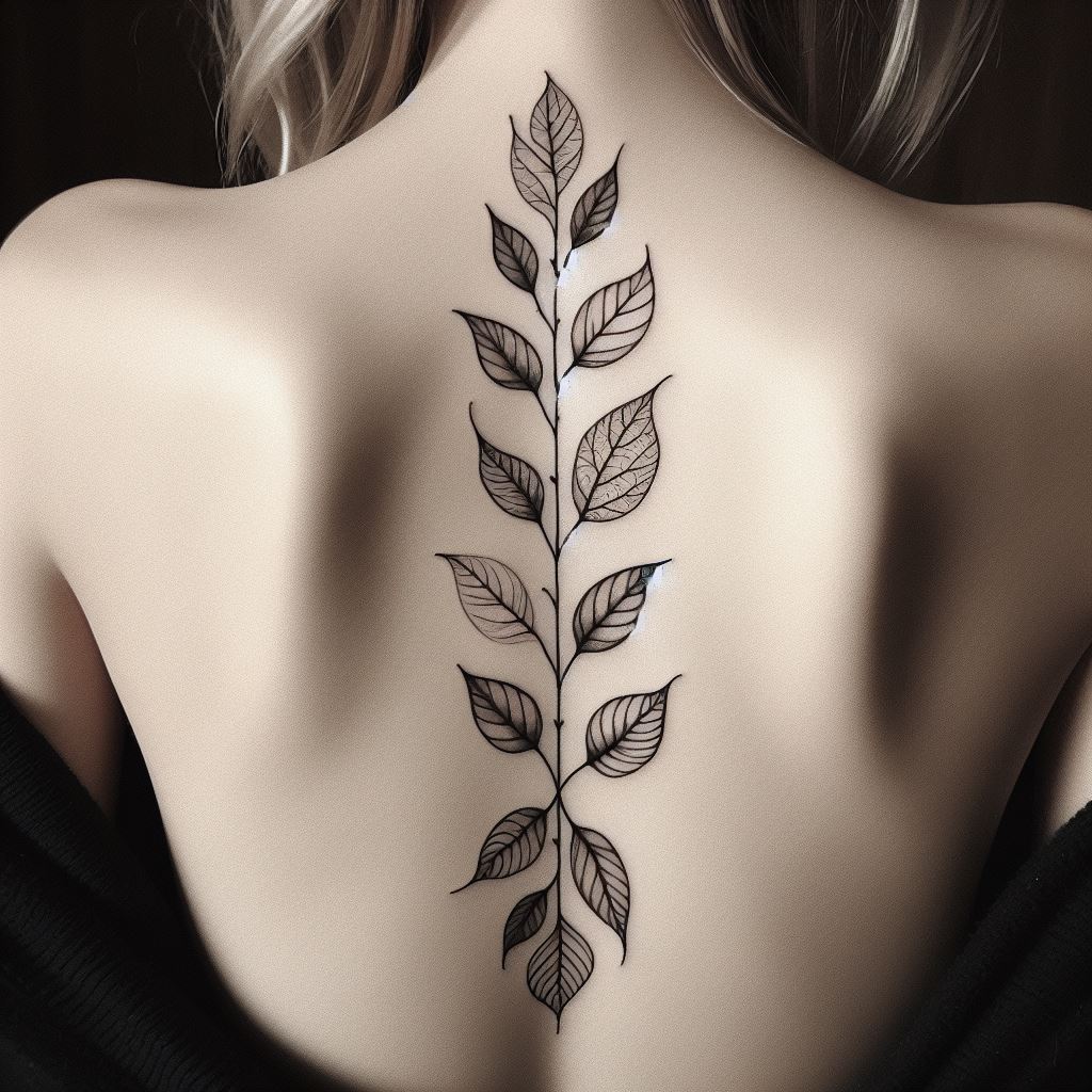 A minimalist tattoo featuring a chain of leaves, each leaf a different species, perfectly aligned with the spine, extending from the lower back to the upper back, symbolizing the diversity and interconnectedness of life.