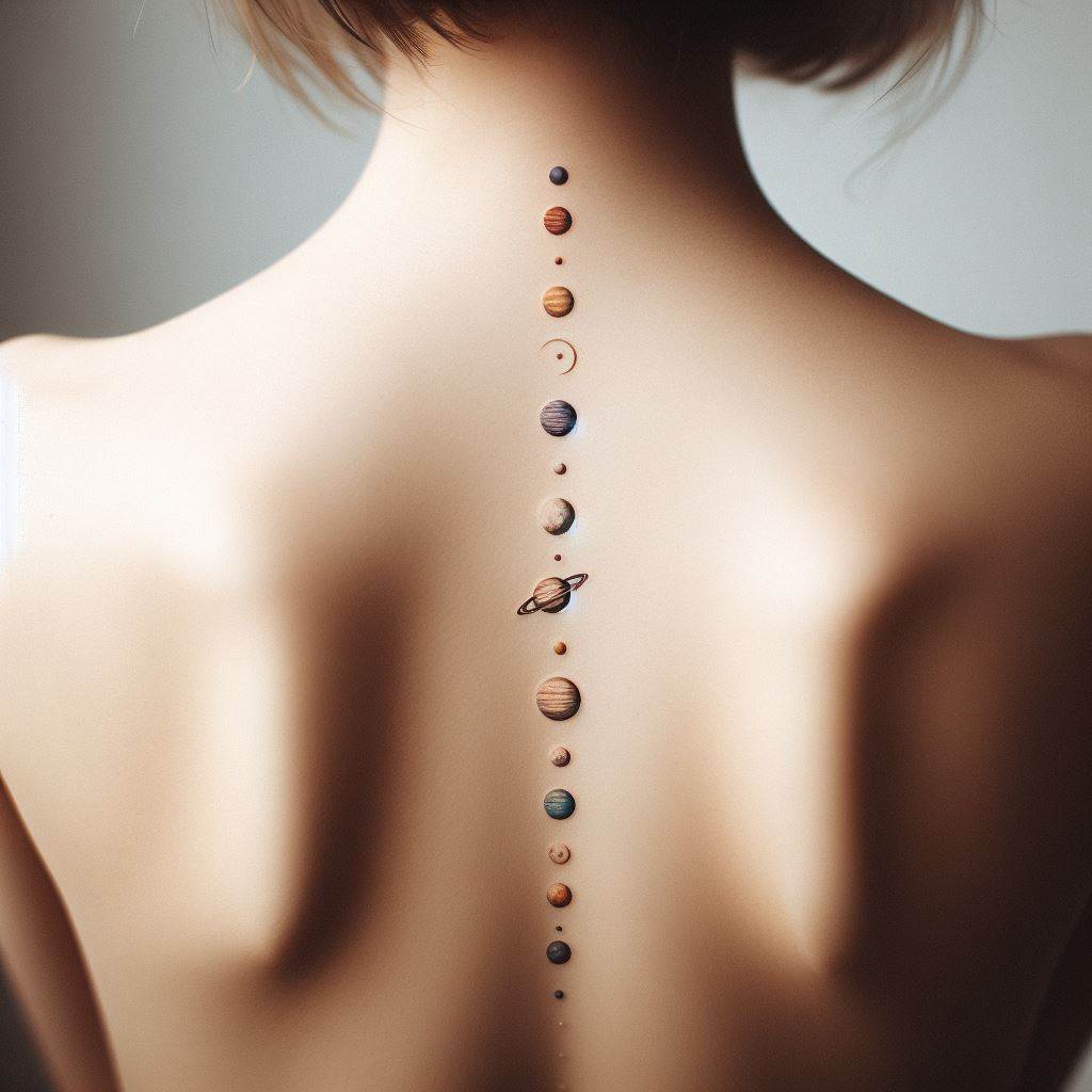 A series of tiny, minimalist planet tattoos from the solar system, perfectly aligned with the spine, stretching from the lower back to the upper back, with each planet represented by a simple circle of varying sizes, symbolizing the vastness and order of the cosmos.