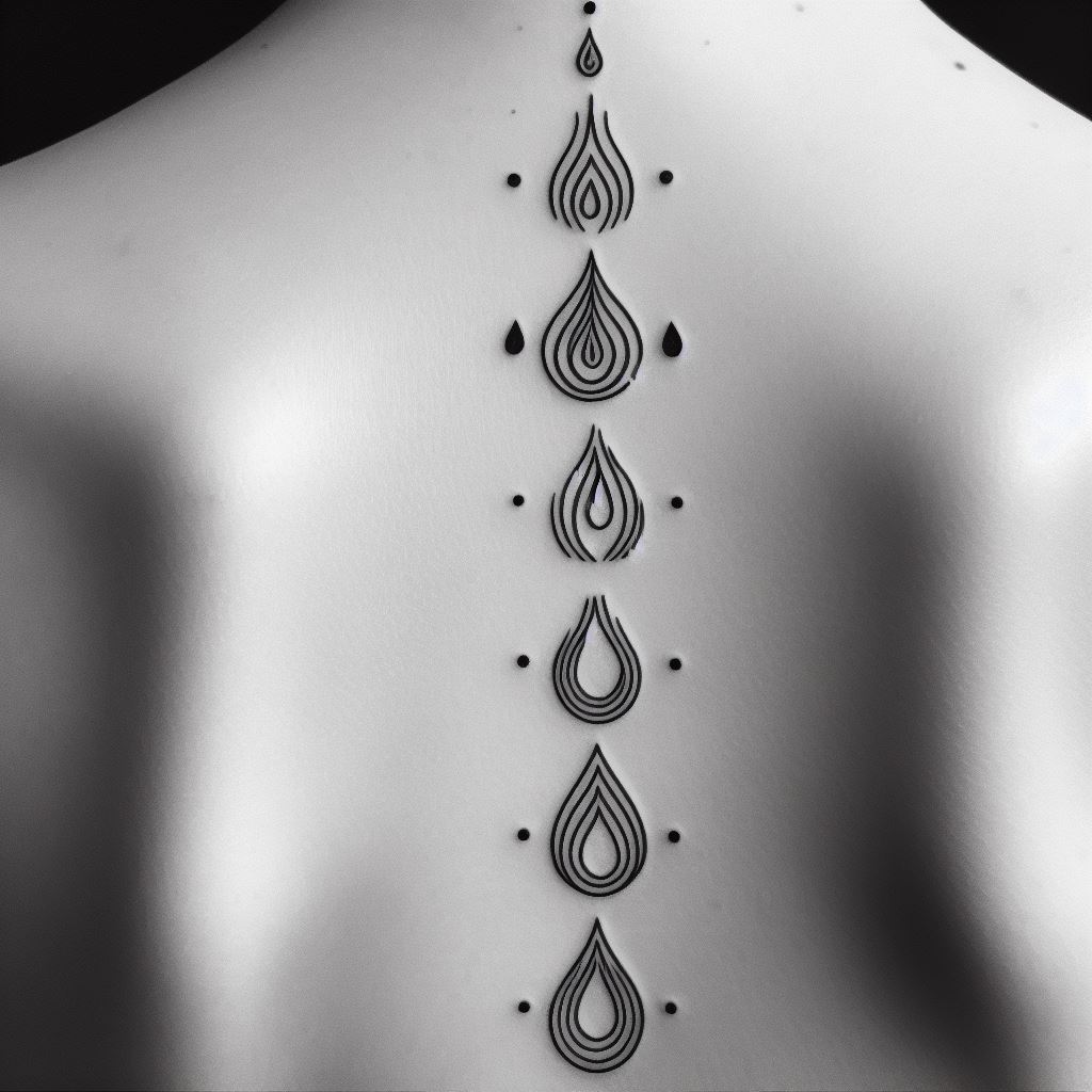 A collection of minimalist water droplet tattoos, perfectly aligned with the spine, extending from the lower back to the mid-back, symbolizing purity, life, and change, with each drop slightly larger than the last to create a sense of flow.