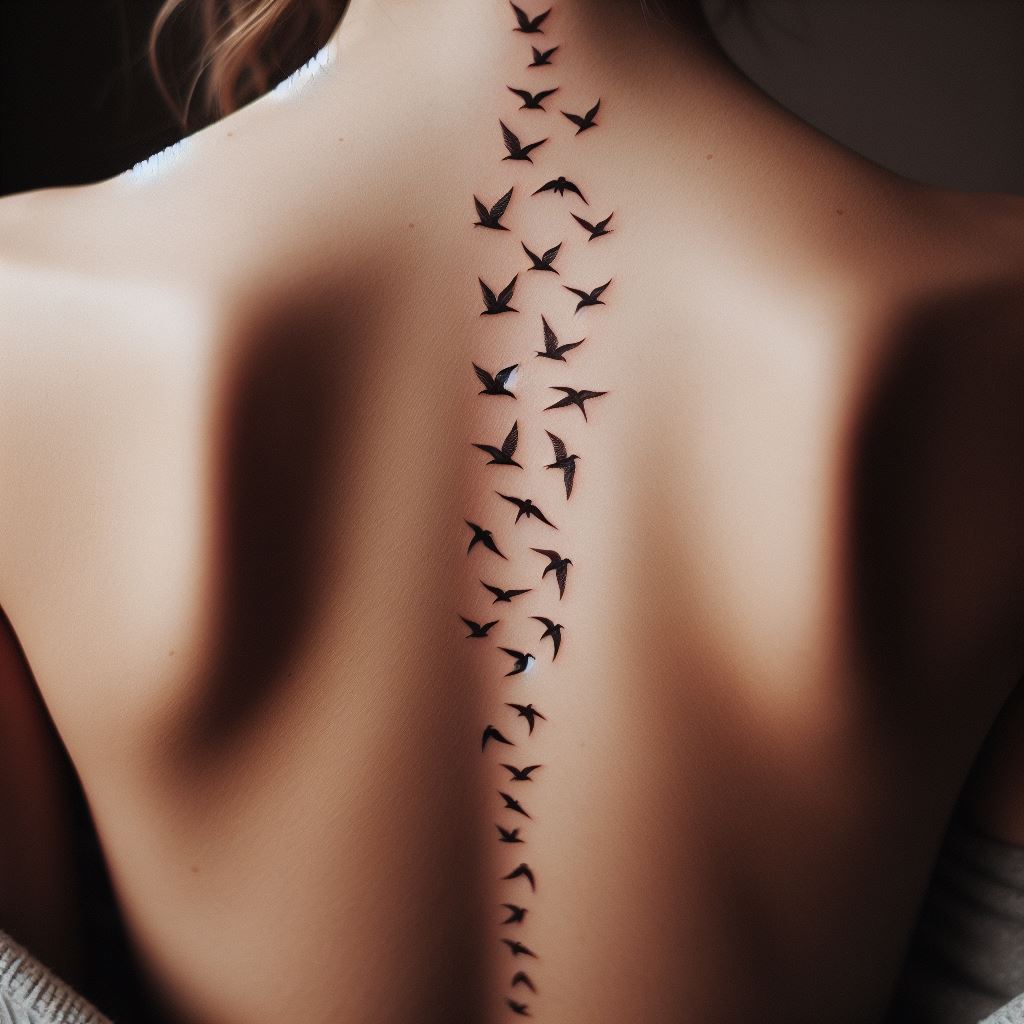 An array of tiny, minimalist bird tattoos in flight, perfectly aligned with the spine, stretching from the lower back to the upper back, symbolizing freedom, perspective, and the beauty of travel.