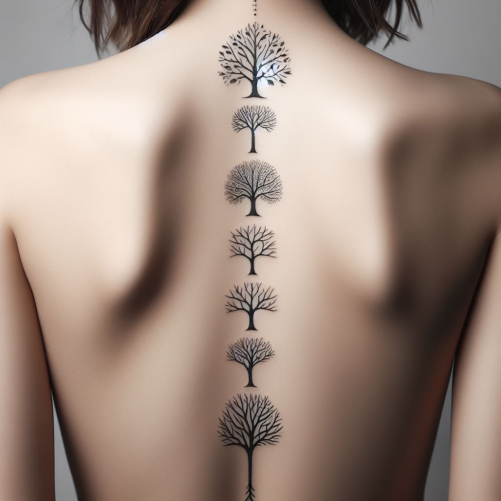A row of minimalist tree tattoos of different species, perfectly aligned with the spine, extending from the lower back to the upper back, symbolizing growth, resilience, and the variety of life.