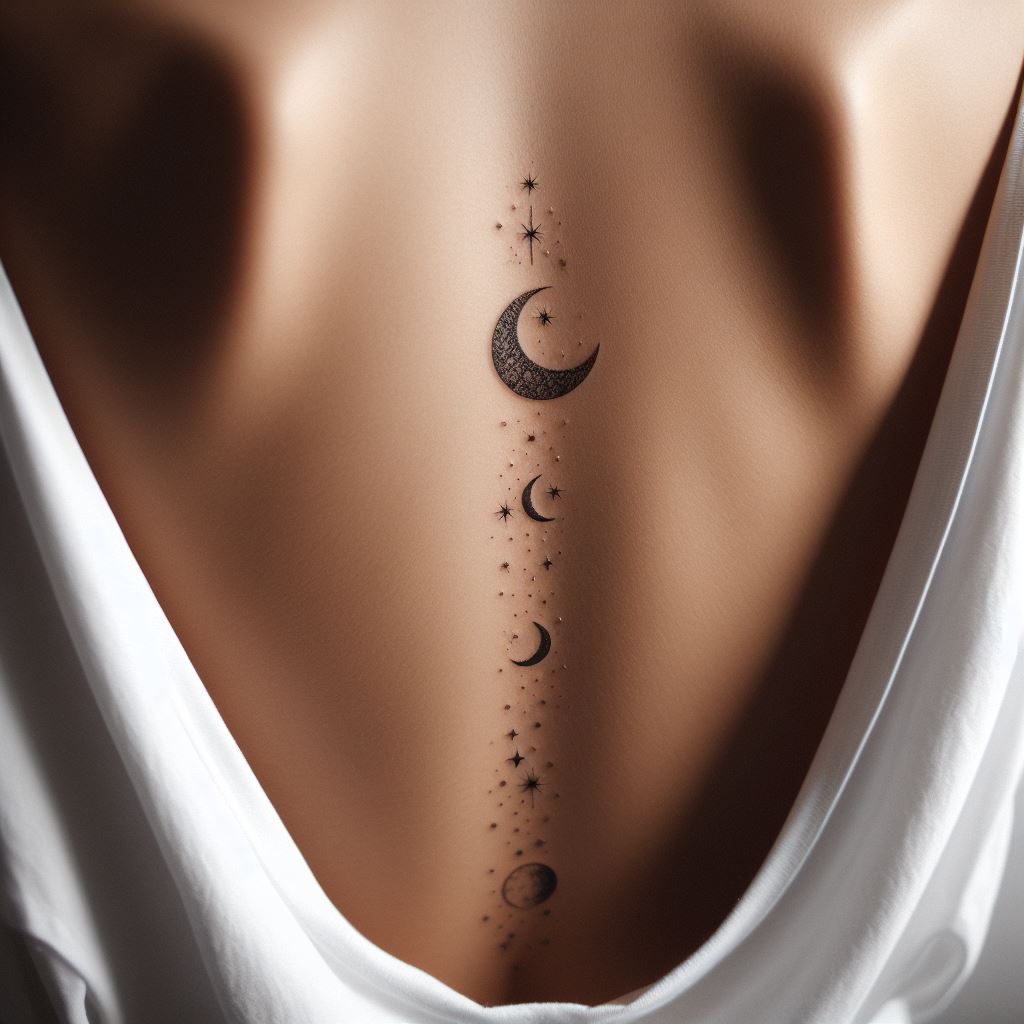 A series of tiny, minimalist star and moon tattoos, perfectly aligned with the spine, stretching from the lower back to the upper back, symbolizing the mystery of the night sky and the light in darkness.