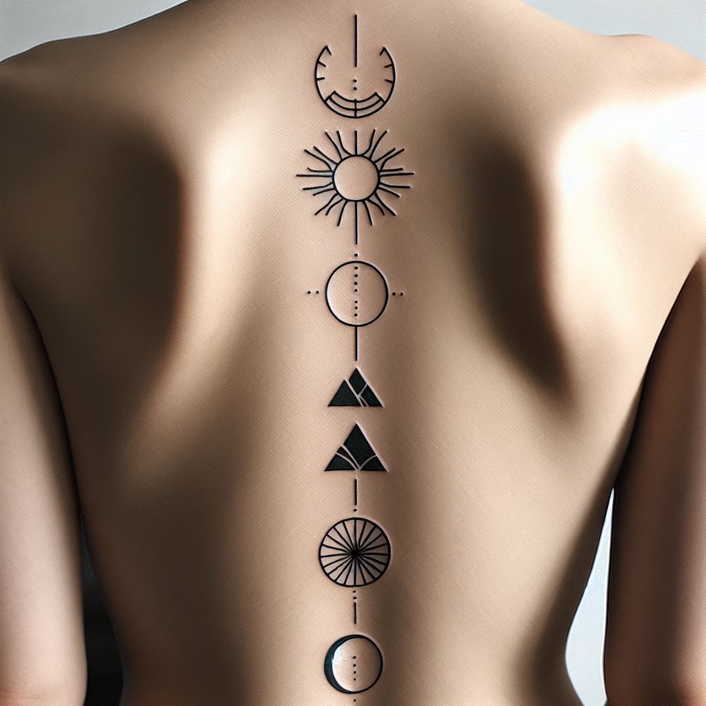 A line of minimalist geometric shape tattoos, perfectly aligned with the spine, extending from the lower back to the upper back, each shape representing a different element of nature (circle for the sun, triangle for mountains, etc.), symbolizing the harmony and balance of the natural world.