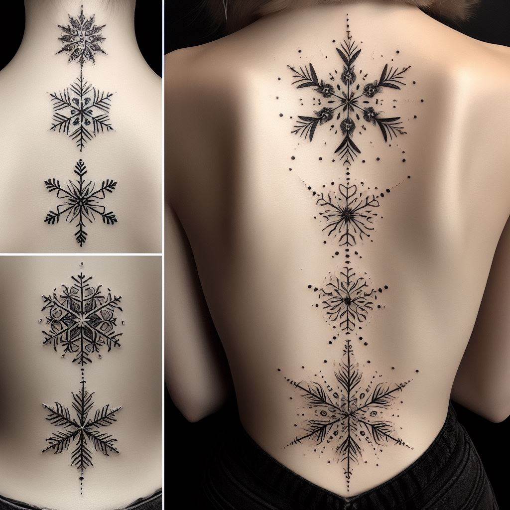 A collection of minimalist snowflake tattoos, perfectly aligned with the spine, extending from the lower back to the upper back, with each snowflake unique in design, symbolizing individuality and the beauty of diversity.