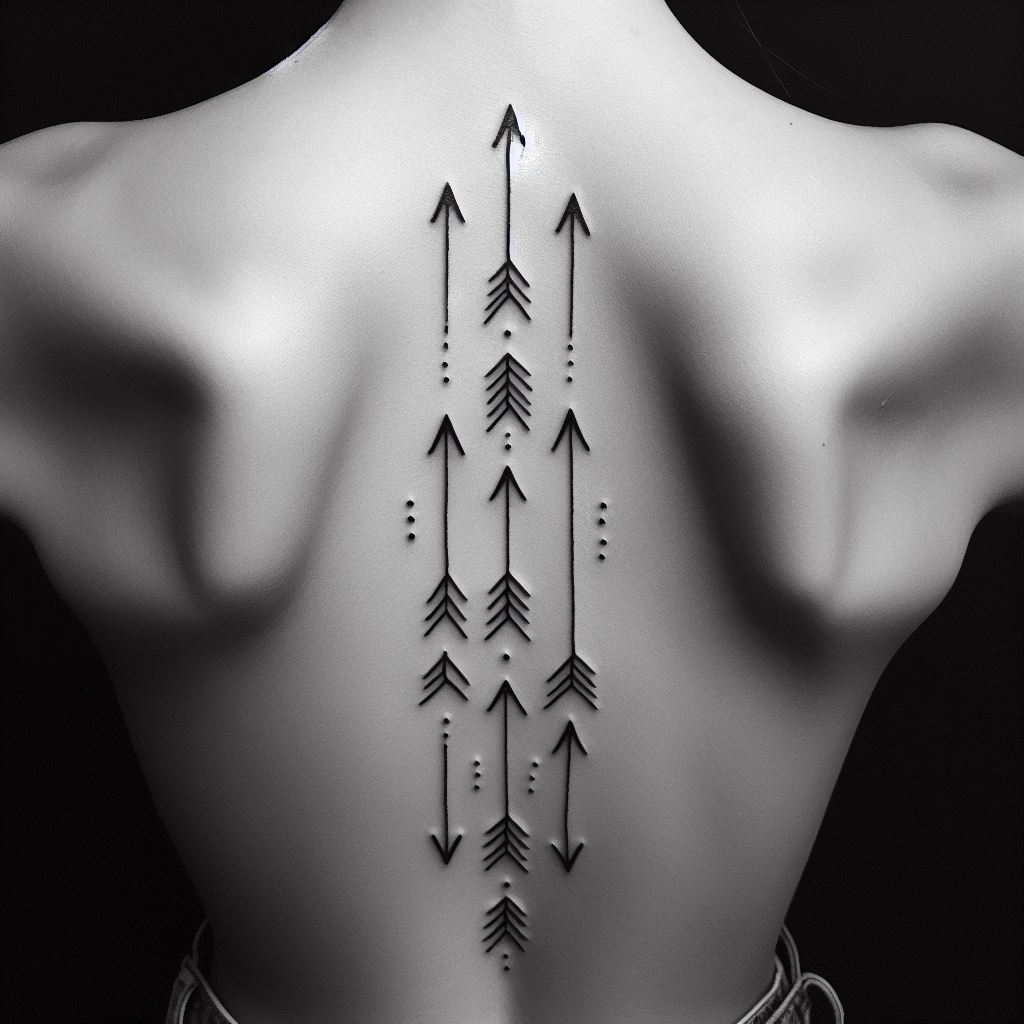 An arrangement of tiny, minimalist arrow tattoos, perfectly aligned with the spine, extending from the lower back to the upper back, each arrow pointing upwards, symbolizing direction, progress, and the pursuit of goals.