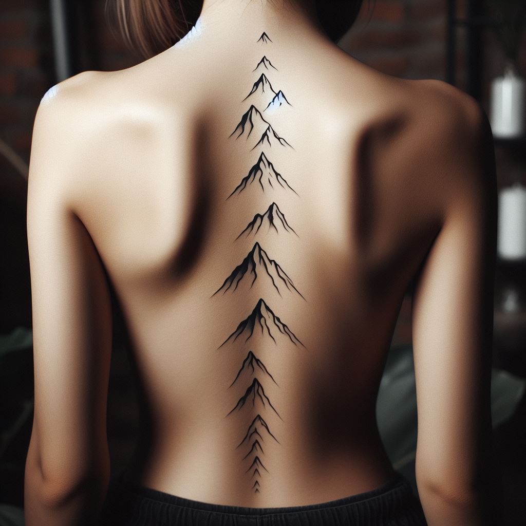A sequence of minimalist mountain tattoos, perfectly aligned with the spine, extending from the lower back to the upper back, each peak varying in height and shape, symbolizing challenge, adventure, and the journey to reach new heights.
