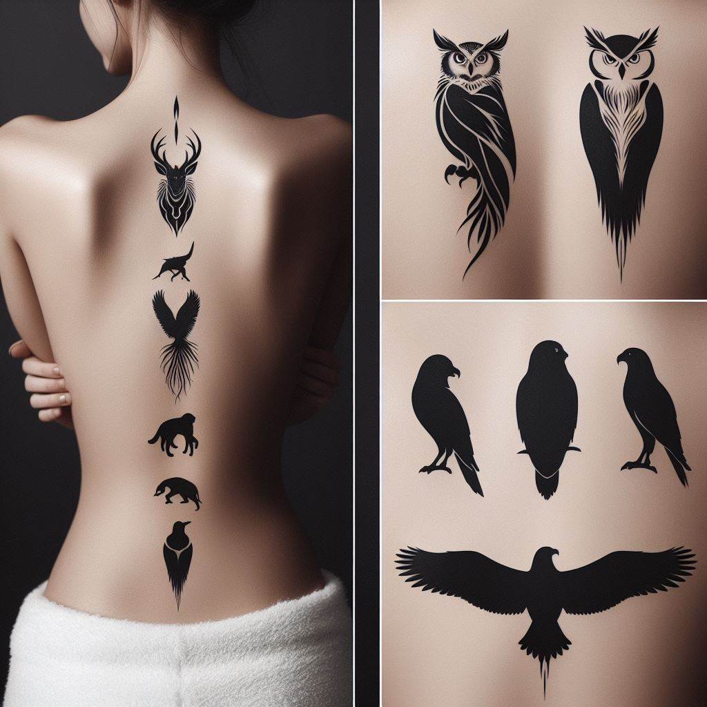 A collection of minimalist animal silhouette tattoos, perfectly aligned with the spine, extending from the lower back to the upper back, each animal representing a different trait such as strength (lion), wisdom (owl), or freedom (eagle), symbolizing the connection with nature and the qualities we aspire to embody.