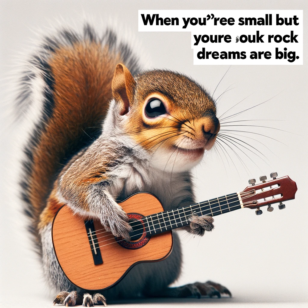 A humorous image of a squirrel holding a tiny guitar, looking determined, with a caption that says, "When you're small but your rock dreams are big."