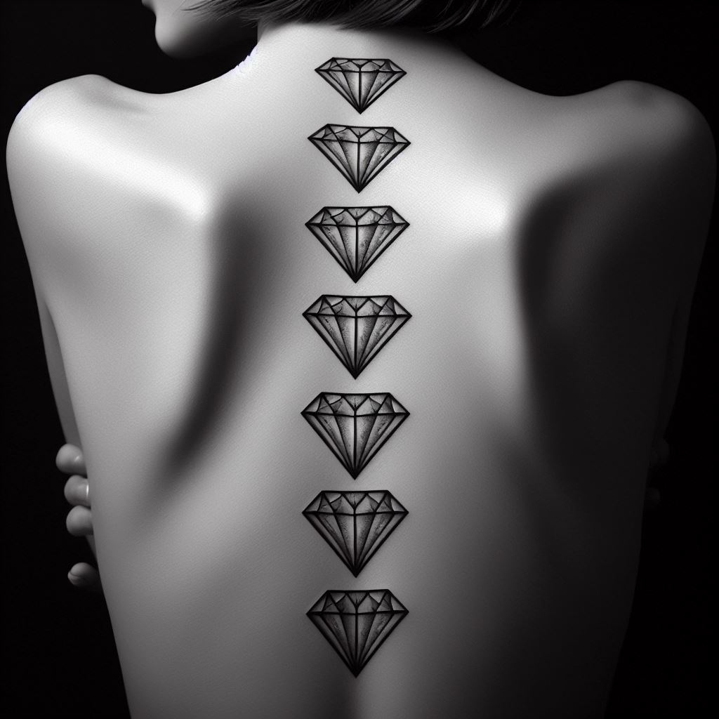 A sequence of minimalist diamond tattoos, perfectly aligned with the spine, extending from the lower back to the upper back, each diamond designed with a unique facet pattern, symbolizing resilience, strength, and the ability to shine under pressure.