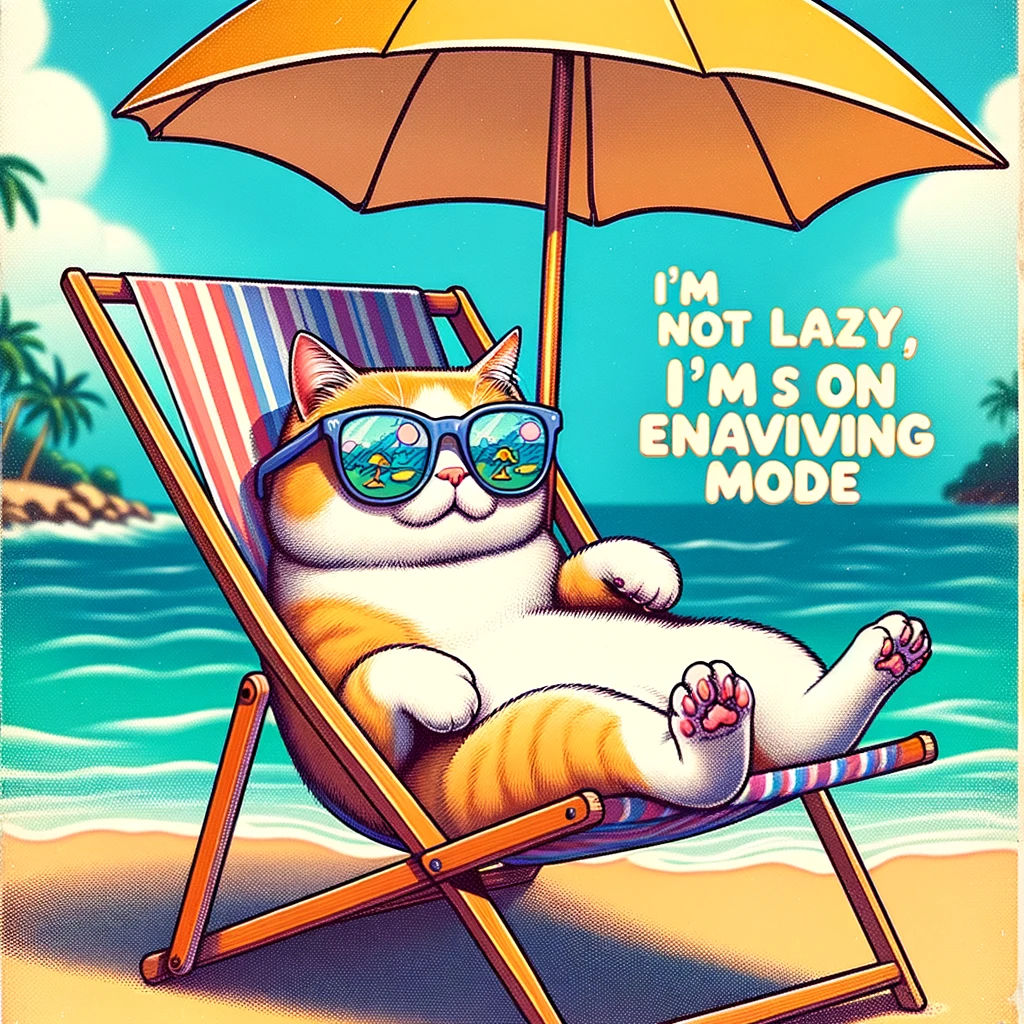A cat wearing sunglasses and lounging in a beach chair under an umbrella, with a caption that says, "I'm not lazy, I'm on energy-saving mode."
