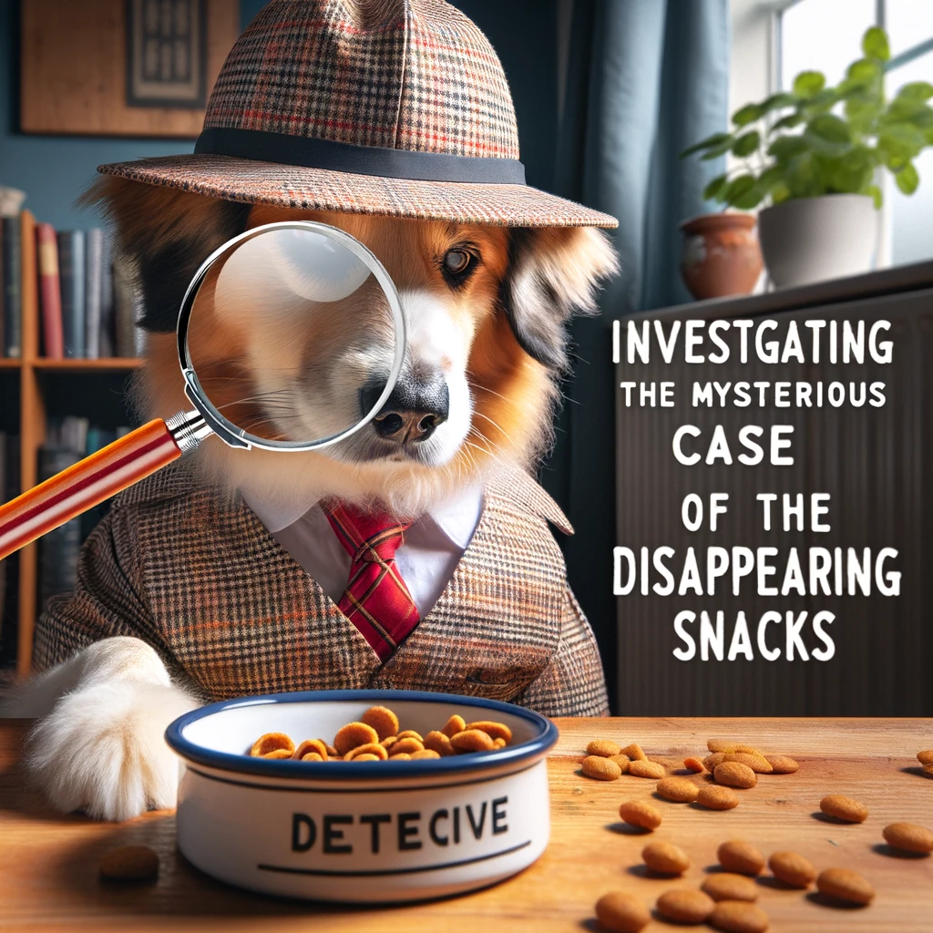 A dog in a detective outfit looking through a magnifying glass at a bowl of food, with a caption that says, "Investigating the mysterious case of the disappearing snacks."