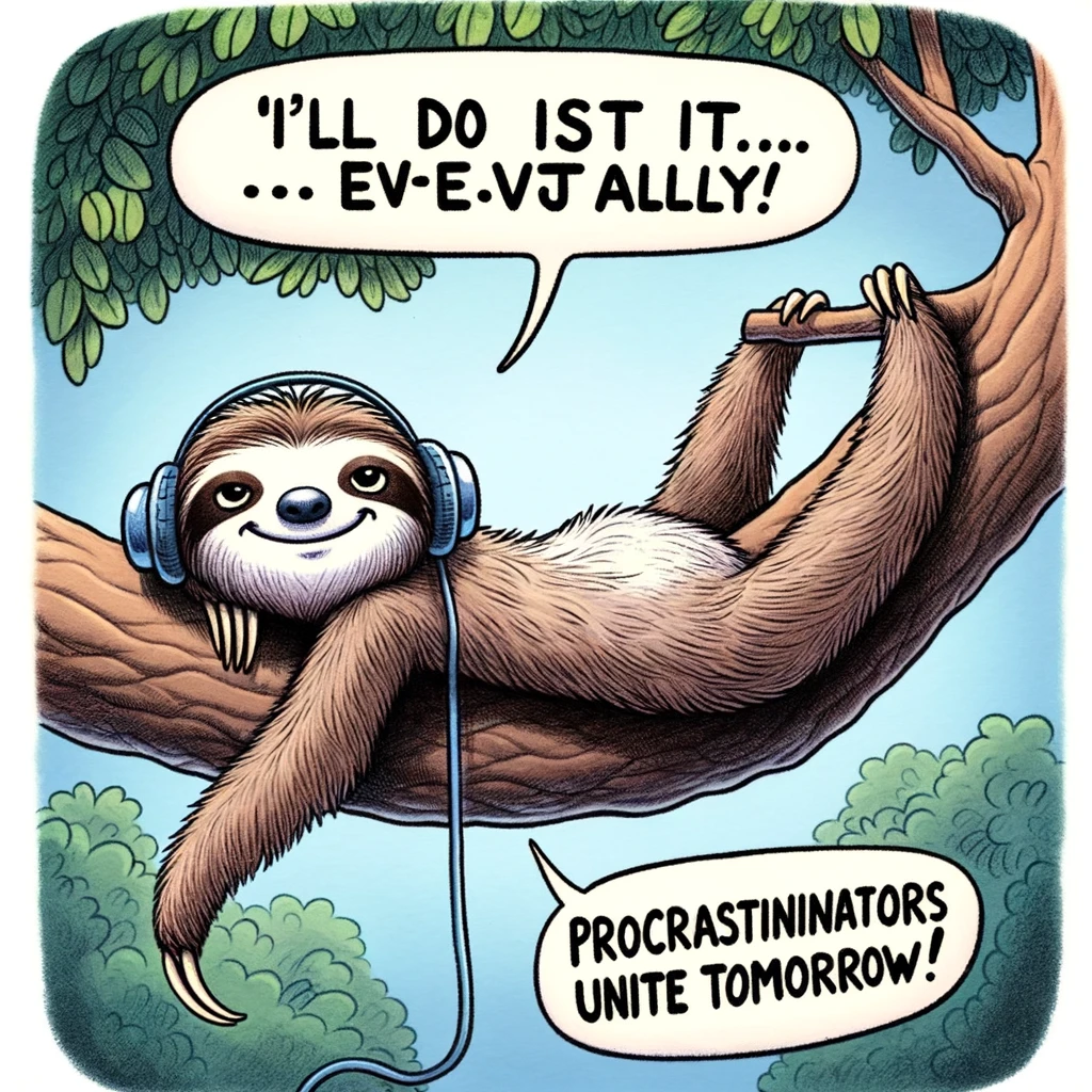 A sloth hanging from a tree with headphones, looking relaxed, and the caption says, "I'll do it... eventually. Procrastinators unite tomorrow!"