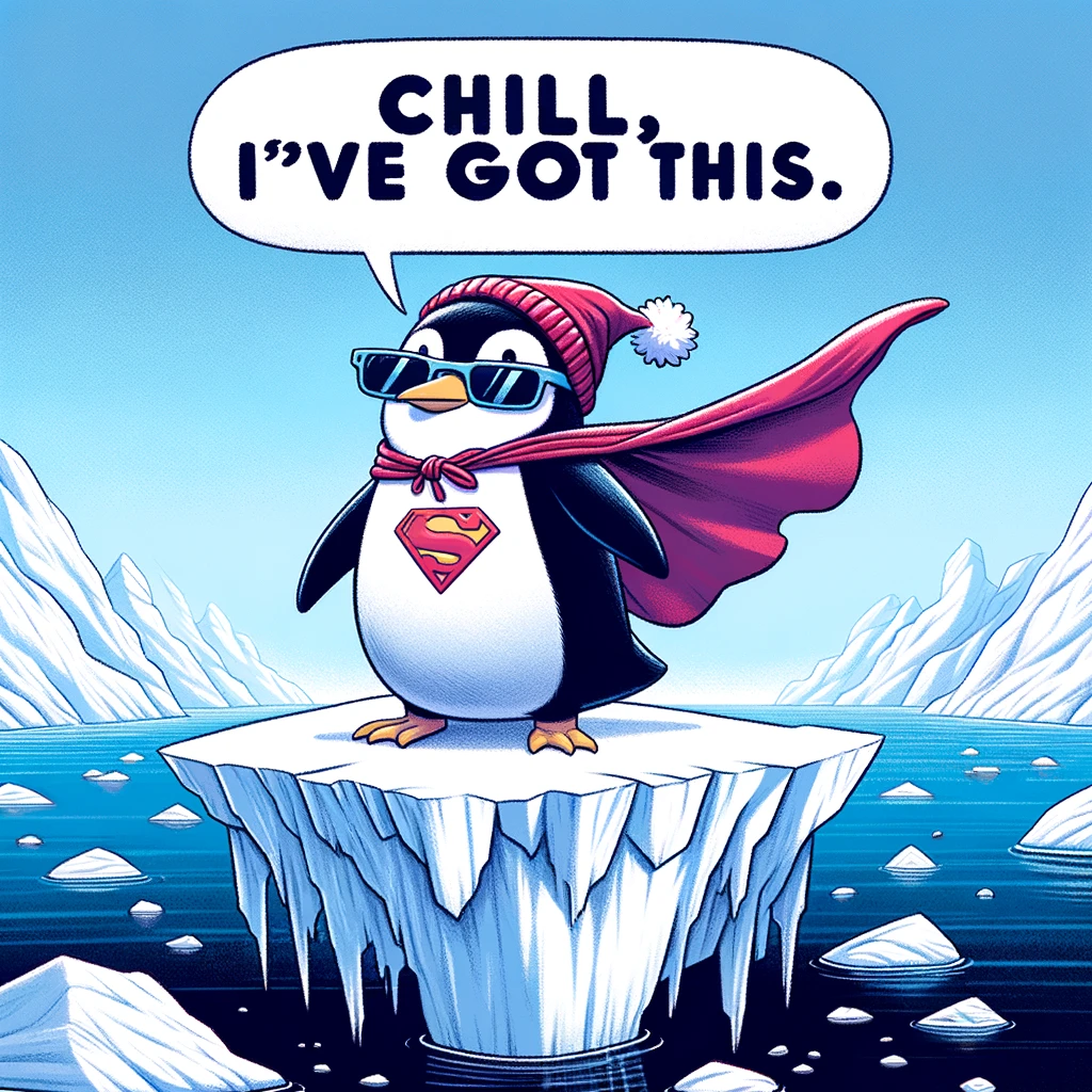 A penguin wearing a superhero cape standing heroically on an iceberg, with a caption that says, "Chill, I've got this."