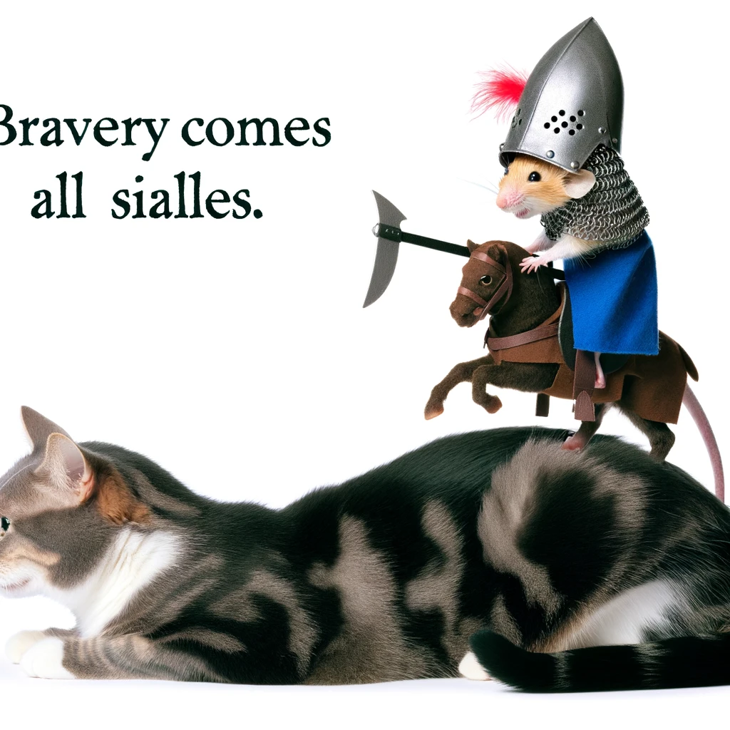 A mouse dressed as a knight jousting on a cat, with a caption that says, "Bravery comes in all sizes."
