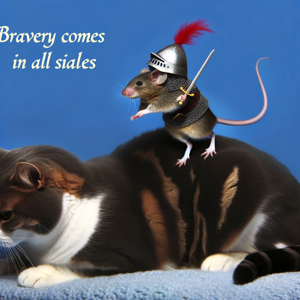 A mouse dressed as a knight jousting on a cat, with a caption that says, "Bravery comes in all sizes."