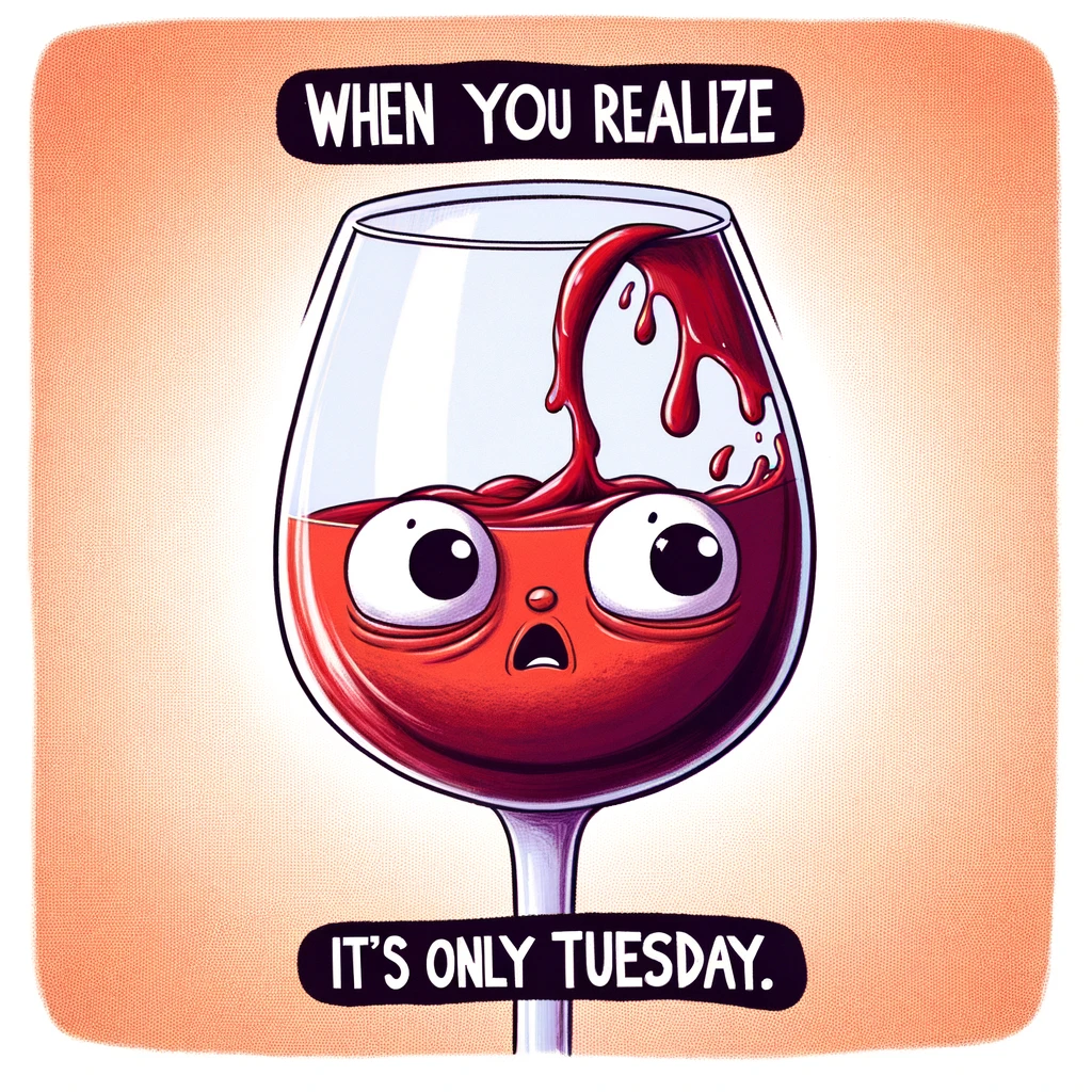 A humorous image of a glass of red wine with a cartoon face, looking shocked as it spills slightly. The caption reads, "When you realize it's only Tuesday."