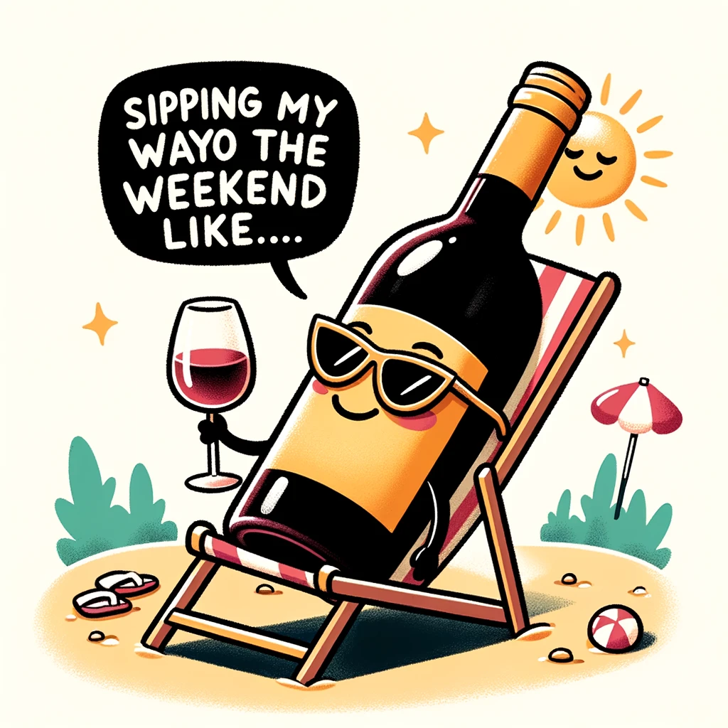 A playful illustration of a wine bottle wearing sunglasses, lounging in a beach chair under the sun. The caption says, "Sipping my way into the weekend like..."