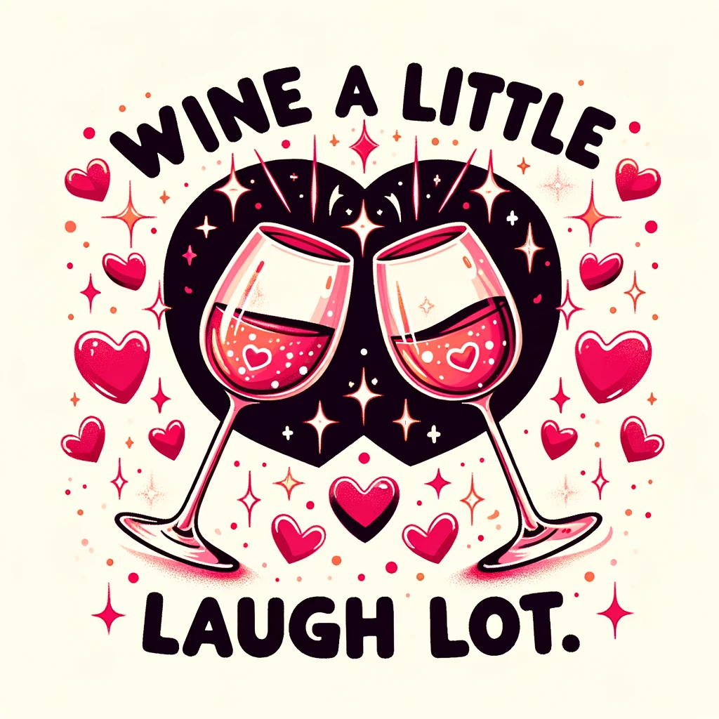 An image of two wine glasses clinking together with animated sparkles, surrounded by hearts. The caption reads, "Wine a little, laugh a lot."